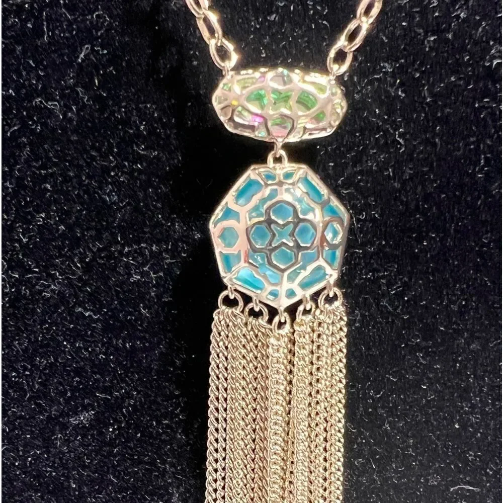 Kendra Scott Tae Long Pendant Necklace In Bronze Veined Turquoise Magnesite New